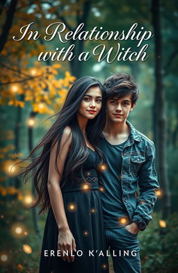 A captivating e-book cover for 'In Relationship with a Witch', featuring a young adult romance scene infused with magical elements