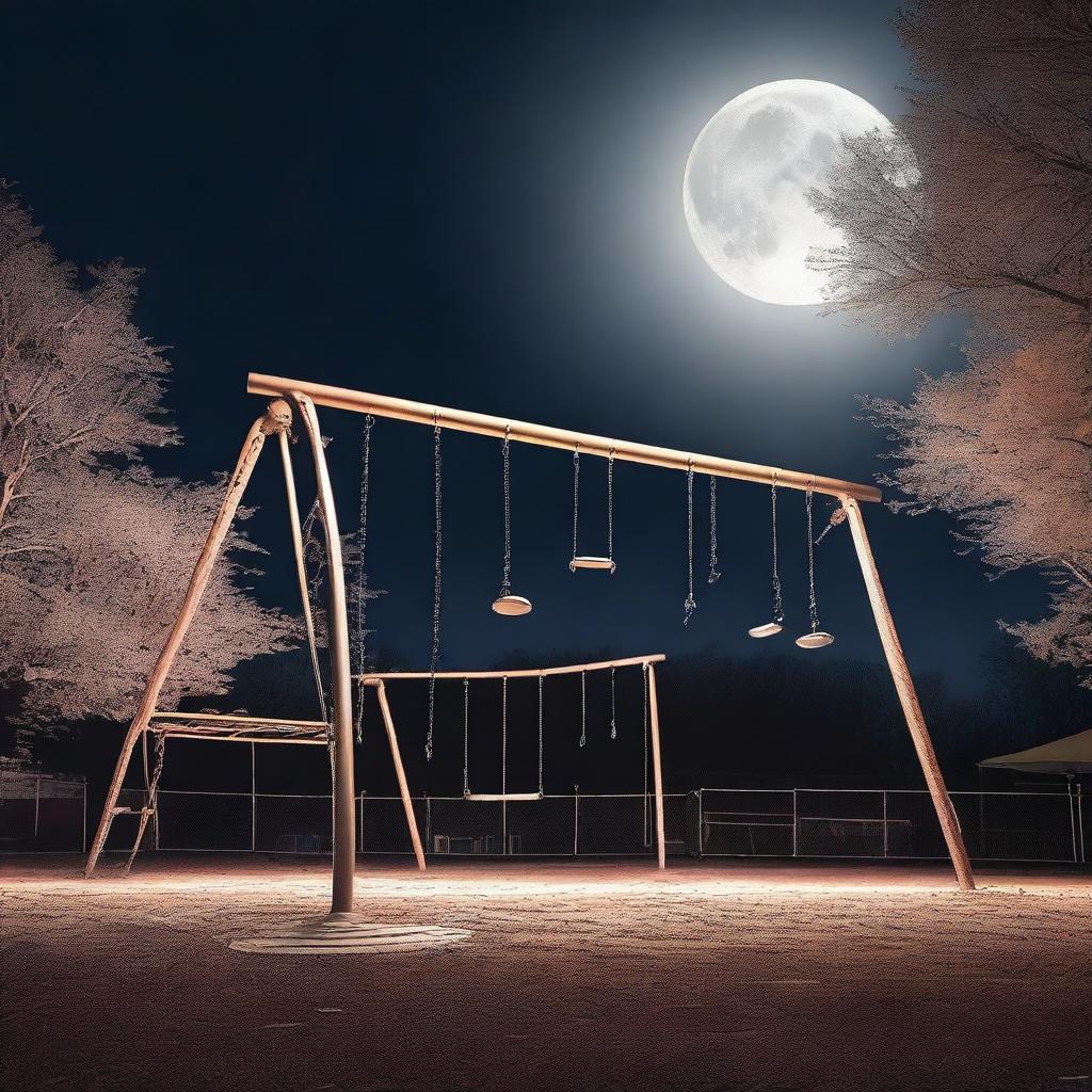 A spectral apparition haunting a playground at night, with looming swings and slides, under the silver glow of the moon.