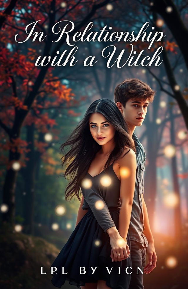 A captivating e-book cover for 'In Relationship with a Witch', featuring a young adult romance scene infused with magical elements