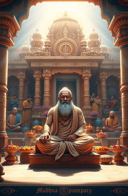 A serene depiction of the Madhva parampara, showcasing a rich tapestry of spiritual elements