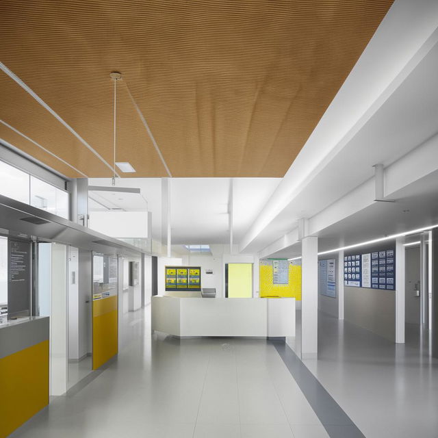 Design a receptionist building connected with a system for public services information, including hallways leading to classroom areas