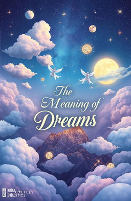 A mesmerizing book cover design about the meaning of dreams, featuring a surreal landscape filled with symbolic dream elements such as fluffy clouds, a glowing moon, and abstract shapes