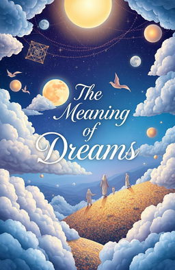 A mesmerizing book cover design about the meaning of dreams, featuring a surreal landscape filled with symbolic dream elements such as fluffy clouds, a glowing moon, and abstract shapes