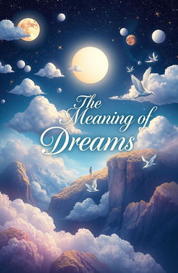 A mesmerizing book cover design about the meaning of dreams, featuring a surreal landscape filled with symbolic dream elements such as fluffy clouds, a glowing moon, and abstract shapes