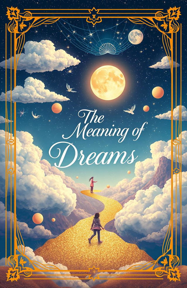 A mesmerizing book cover design about the meaning of dreams, featuring a surreal landscape filled with symbolic dream elements such as fluffy clouds, a glowing moon, and abstract shapes