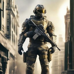 Generate an image of a Call of Duty soldier, turned regal with golden armor