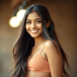 A beautiful 21-year-old Indian woman with long, flowing hair, a radiant smiling face, and captivating eyes