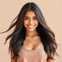 A beautiful 21-year-old Indian woman with long, flowing hair, a radiant smiling face, and captivating eyes