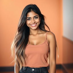 A beautiful 21-year-old Indian woman with long, flowing hair, a radiant smiling face, and captivating eyes