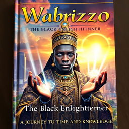 A captivating book cover for 'Wabrizzo: The Black Enlightener', featuring a tall, regal figure with deep, wise eyes, dressed in ornate attire that blends traditional African patterns with modern elegance