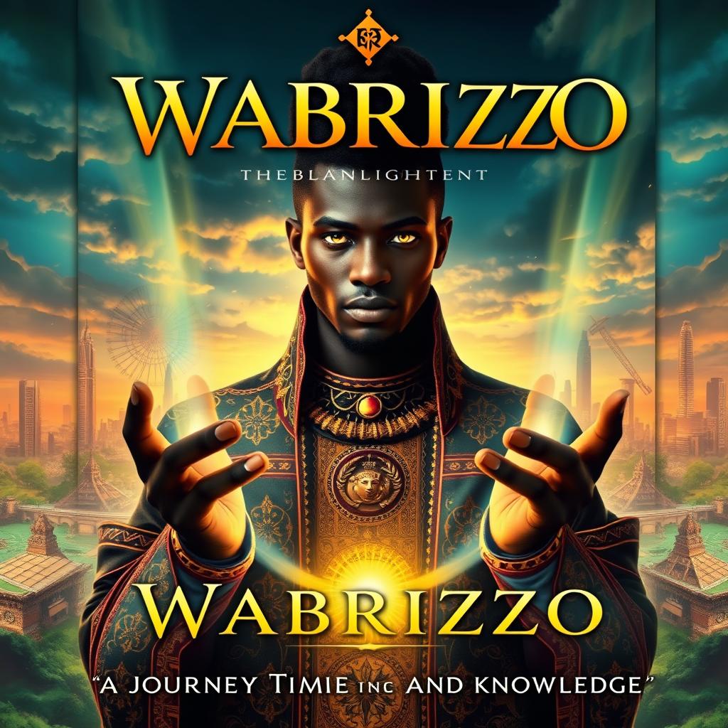 A captivating book cover for 'Wabrizzo: The Black Enlightener', featuring a tall, regal figure with deep, wise eyes, dressed in ornate attire that blends traditional African patterns with modern elegance