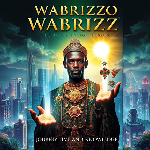 A captivating book cover for 'Wabrizzo: The Black Enlightener', featuring a tall, regal figure with deep, wise eyes, dressed in ornate attire that blends traditional African patterns with modern elegance