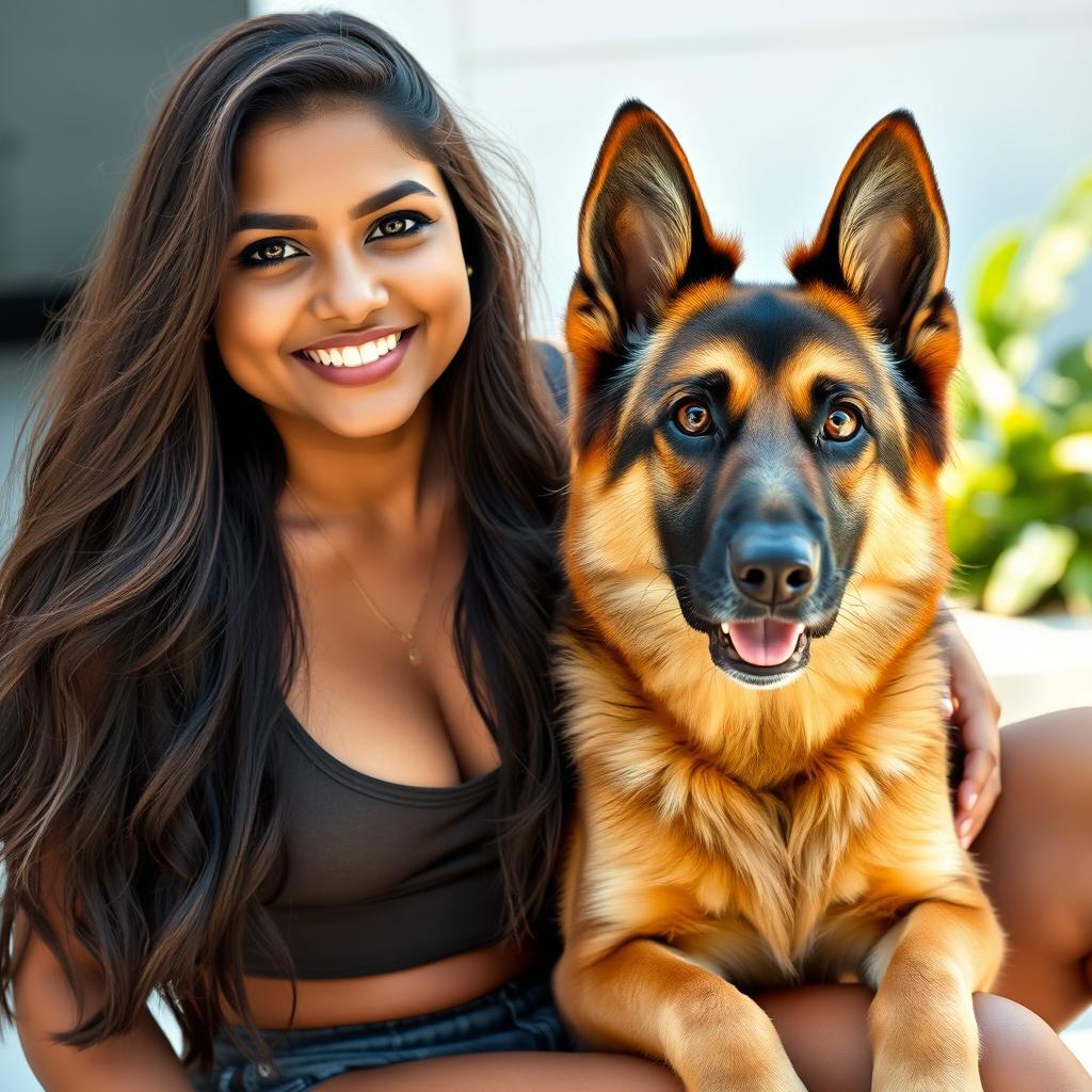 A beautiful 21-year-old Indian woman with long flowing hair, a radiant smiling face, and strikingly beautiful eyes