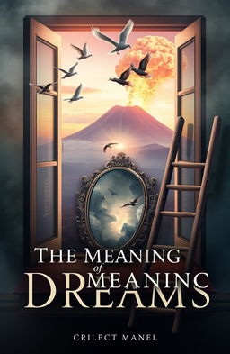 A captivating cover design for a book titled 'The Meaning of Dreams', featuring surreal images of birds flying through an open window, symbolizing freedom and interpretation