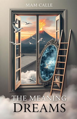 A captivating cover design for a book titled 'The Meaning of Dreams', featuring surreal images of birds flying through an open window, symbolizing freedom and interpretation