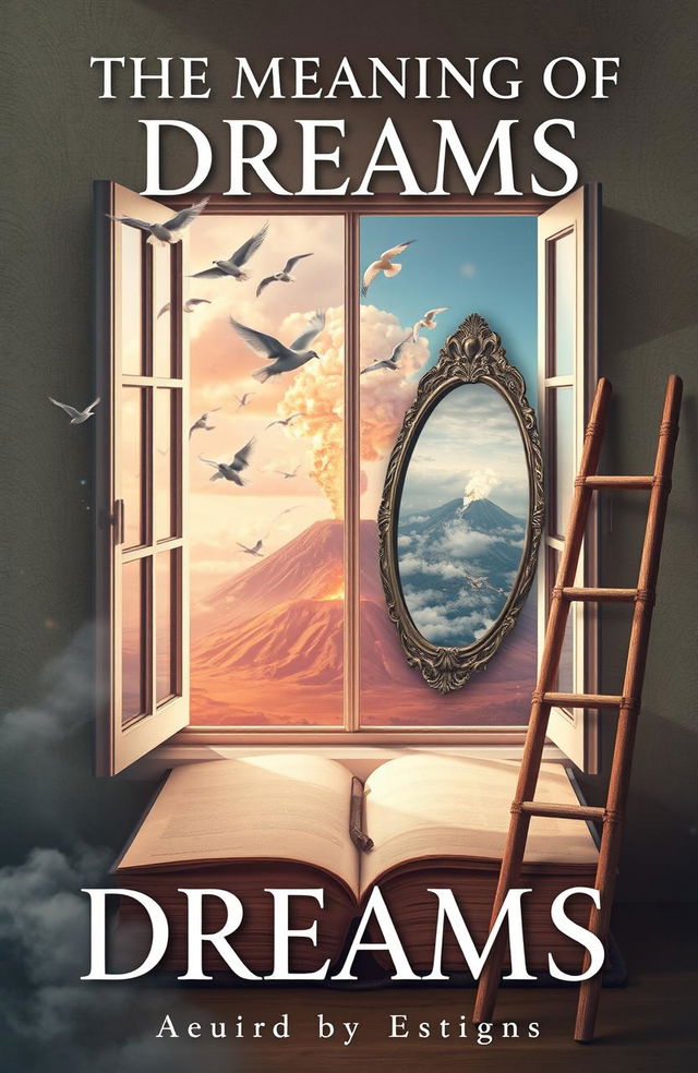 A captivating cover design for a book titled 'The Meaning of Dreams', featuring surreal images of birds flying through an open window, symbolizing freedom and interpretation