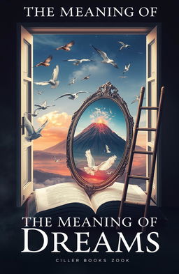 A captivating cover design for a book titled 'The Meaning of Dreams', featuring surreal images of birds flying through an open window, symbolizing freedom and interpretation