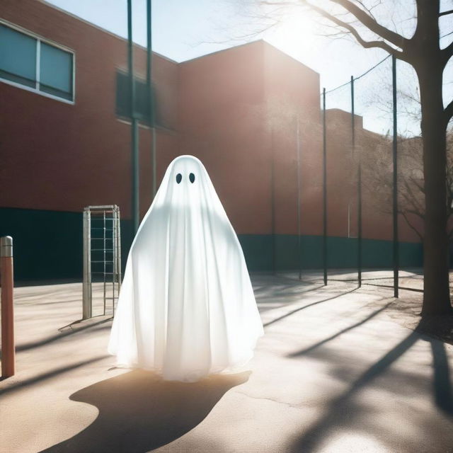 A translucent ghost wandering in a bustling playground under the bright daylight, creating a stark contrast.