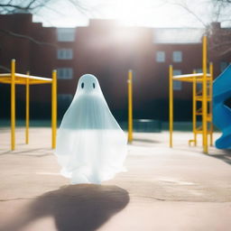 A translucent ghost wandering in a bustling playground under the bright daylight, creating a stark contrast.