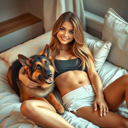 A beautiful 21-year-old slim girl with long hair, a radiant smiling face, and captivating eyes, laying on a comfortable bed with her pet German Shepherd dog