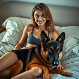 A beautiful 21-year-old slim girl with long hair, a radiant smiling face, and captivating eyes, laying on a comfortable bed with her pet German Shepherd dog