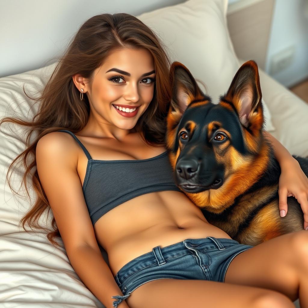 A beautiful 21-year-old slim girl with long hair, a radiant smiling face, and captivating eyes, laying on a comfortable bed with her pet German Shepherd dog