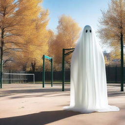 A translucent ghost wandering in a bustling playground under the bright daylight, creating a stark contrast.