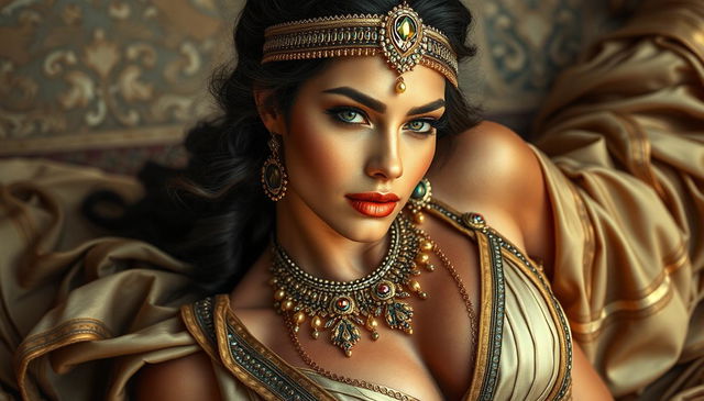 A sexy woman inspired by the Greek Cleopatra, lying gracefully with a beautiful bust prominently displayed