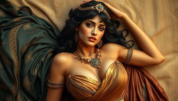 A sexy woman inspired by the Greek Cleopatra, lying gracefully with a beautiful bust prominently displayed