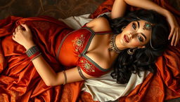 A sexy woman inspired by the Greek Cleopatra, lying gracefully with a beautiful bust prominently displayed