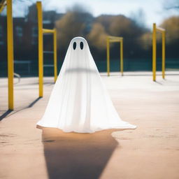 A translucent ghost wandering in a bustling playground under the bright daylight, creating a stark contrast.