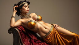 A sexy woman inspired by the Greek Cleopatra, reclining gracefully with a stunning bust accentuated by her elegant attire