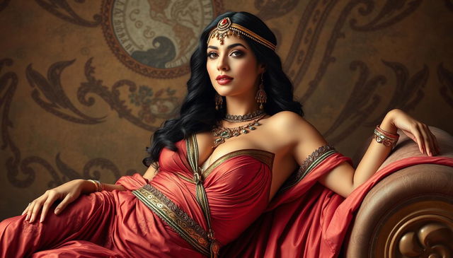 A sexy woman inspired by the Greek Cleopatra, reclining gracefully with a stunning bust accentuated by her elegant attire