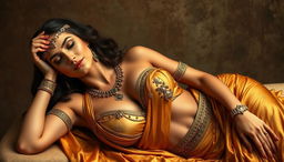 A sexy woman inspired by the Greek Cleopatra, reclining gracefully with a stunning bust accentuated by her elegant attire