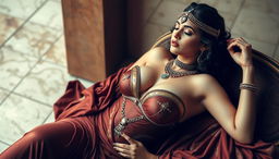 A sexy woman inspired by the Greek Cleopatra, reclining gracefully with a stunning bust accentuated by her elegant attire