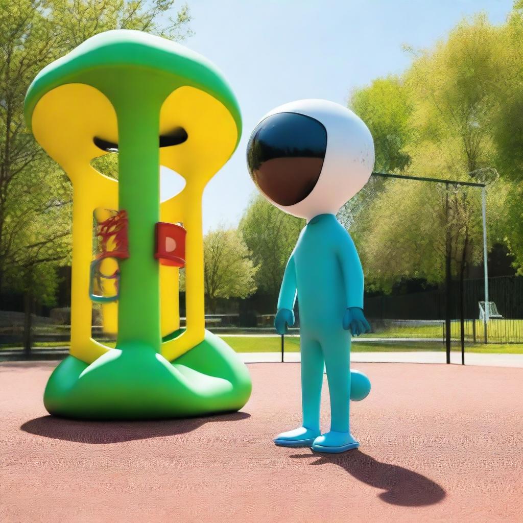 Extraterrestrial being exploring a playground on a sunny day, with children's play equipment contrasting with its otherworldly appearance