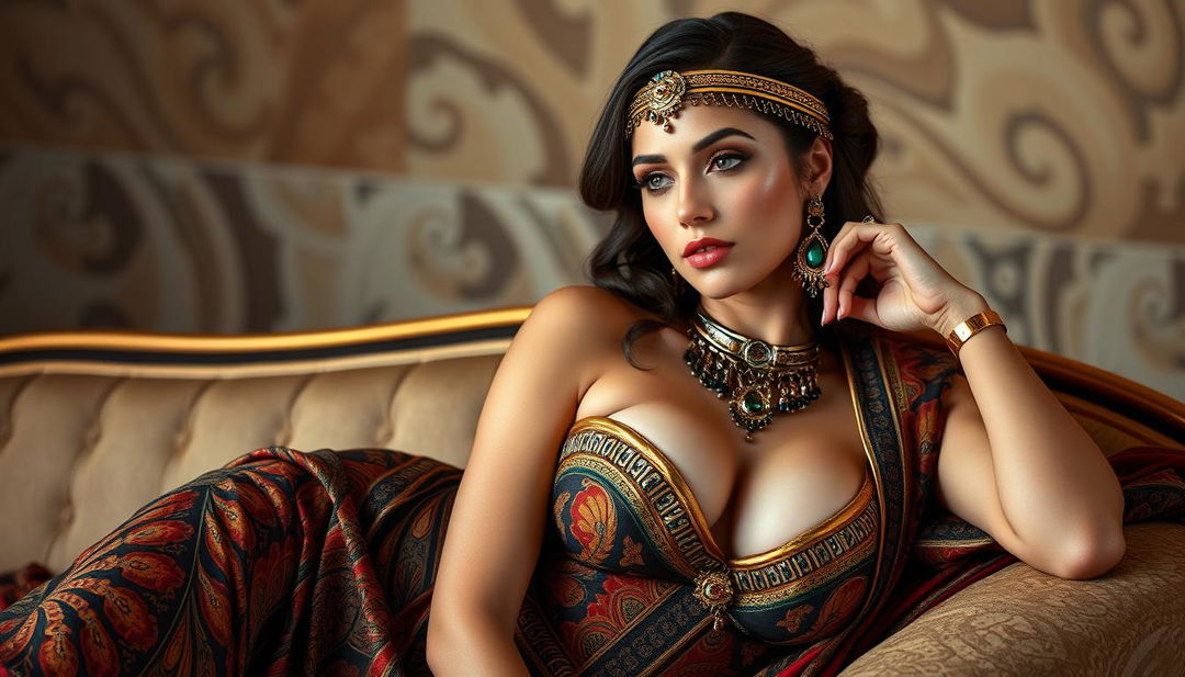 A sexy woman inspired by the Greek Cleopatra, lounging elegantly with a beautiful bust showcased prominently