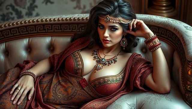 A sexy woman inspired by the Greek Cleopatra, lounging elegantly with a beautiful bust showcased prominently