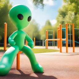 Extraterrestrial being exploring a playground on a sunny day, with children's play equipment contrasting with its otherworldly appearance