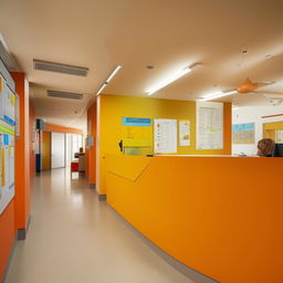 Design a receptionist building connected with a system for public services information, including hallways leading to classroom areas