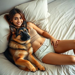 A beautiful 21-year-old Indian slim girl with fair skin, long hair, a bright smiling face, and beautiful eyes, comfortably laying on a plush bed with her pet German Shepherd dog