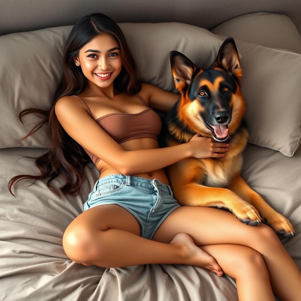 A beautiful 21-year-old Indian slim girl with fair skin, long hair, a bright smiling face, and beautiful eyes, comfortably laying on a plush bed with her pet German Shepherd dog