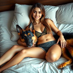 A beautiful 21-year-old Indian slim girl with fair skin, long hair, a bright smiling face, and beautiful eyes, comfortably laying on a plush bed with her pet German Shepherd dog
