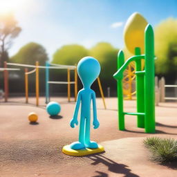 Extraterrestrial being exploring a playground on a sunny day, with children's play equipment contrasting with its otherworldly appearance