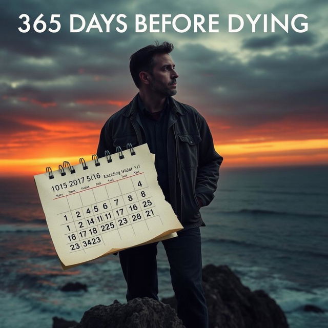 A dramatic and emotional poster design titled '365 Days Before Dying', showcasing a reflective scene of a person standing on a cliff overlooking a vast ocean during sunset