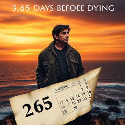 A dramatic and emotional poster design titled '365 Days Before Dying', showcasing a reflective scene of a person standing on a cliff overlooking a vast ocean during sunset