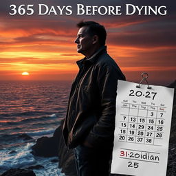 A dramatic and emotional poster design titled '365 Days Before Dying', showcasing a reflective scene of a person standing on a cliff overlooking a vast ocean during sunset