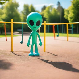 Extraterrestrial being exploring a playground on a sunny day, with children's play equipment contrasting with its otherworldly appearance