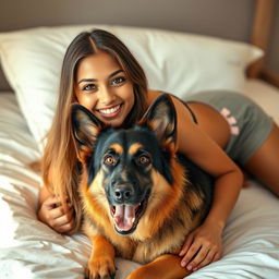 A beautiful 21-year-old Indian slim girl with fair skin, long hair, and a bright smile lying on a bed with her pet German Shepherd dog