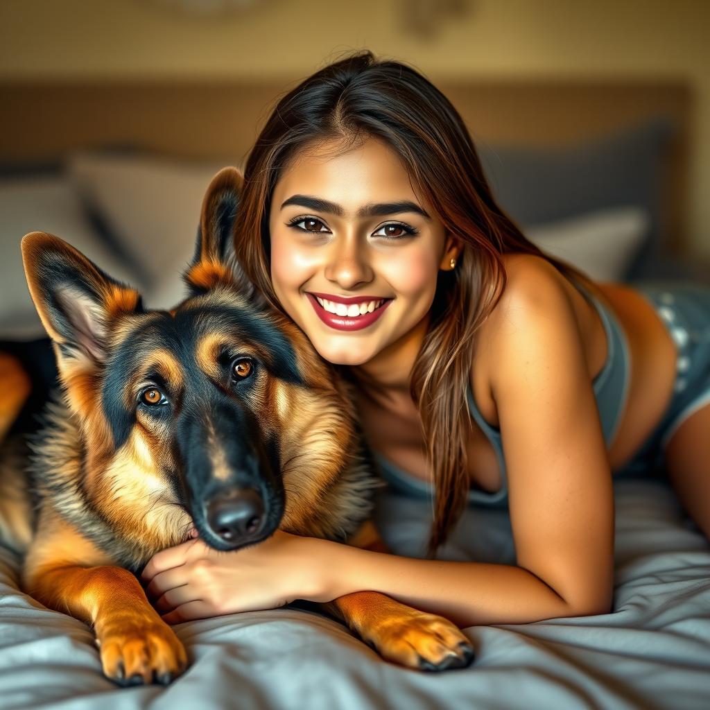 A beautiful 21-year-old Indian slim girl with fair skin, long hair, and a bright smile lying on a bed with her pet German Shepherd dog